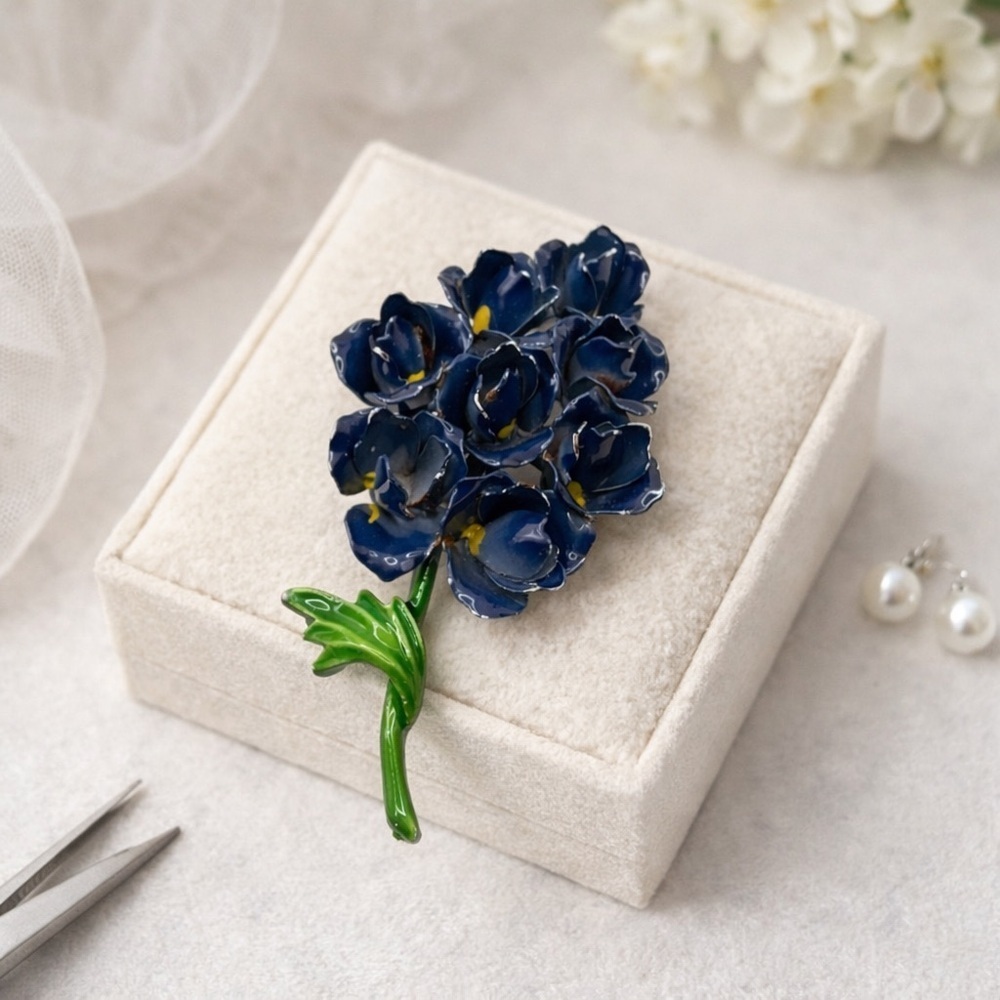 Vintage Blue Enamel Floral Brooch | Hand-Painted Flower Cluster Pin